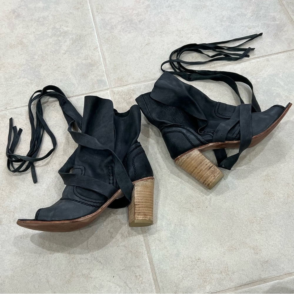 Free People Seven Wonders Leather Ankle Boots Open Toe Booties / Dark Charcoal - Picture 5 of 13